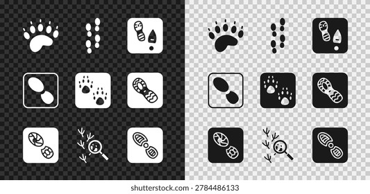 Set Bear paw footprint, Human footprints shoes, Bird,  and Paw icon. Vector