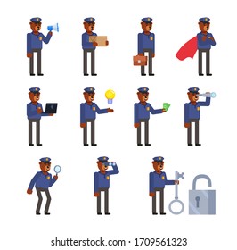 Set of bear policeman characters in various situations. Bear officer holding loudspeaker, parcel box, spyglass, big key and showing other actions. Flat design vector illustration