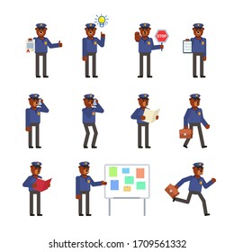 Set of bear policeman characters in various situations. Bear officer holding document, stop sign, idea bulb, running and showing other actions. Flat design vector illustration