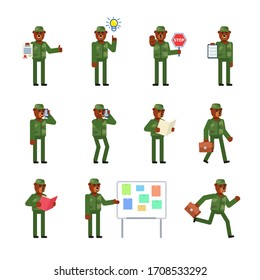 Set of bear soldier characters showing various actions. Military bear holding stop sign, reading book, running and showing other actions. Flat design vector illustration