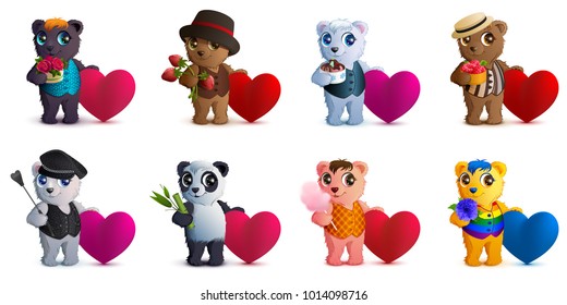 Set bear and valentine heart shape symbol of love. Isolated on white vector cartoon illustration for valentines day