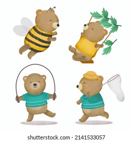 Set of bear in various activity with bee costume, sit on swing, net to catch insect and jump with rope cartoon animal drawing watercolor for graphic designer, vector illustration