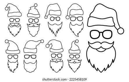 Set of Beard with christmas hat and glasses in line style isolated
