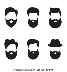 set of beard icon, Mans haircuts, beards and mustaches set. Hairdressing constructor. Different shaped beards, mustache and hairstyles collection. Bearded men silhouettes