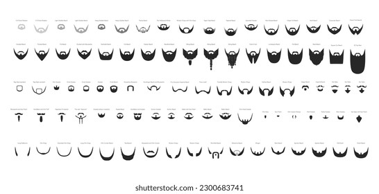 Set of Beard and mustache with name text style men face illustration Facial hair. Vector black male Fashion template flat barber collection set. Stylish hairstyle isolated outline on white background.