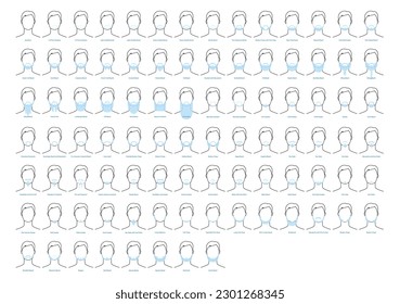 Set of Beard and mustache with name text style men face illustration Facial hair. Vector black blue portrait male Fashion template flat barber collection. Stylish hairstyle isolated outline on white