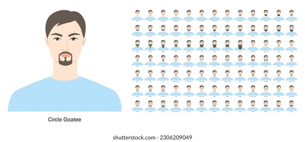 Set of Beard and mustache style men face illustration Facial hair. Vector black blue portrait male Fashion template flat barber collection. Stylish hairstyle isolated outline on white background.