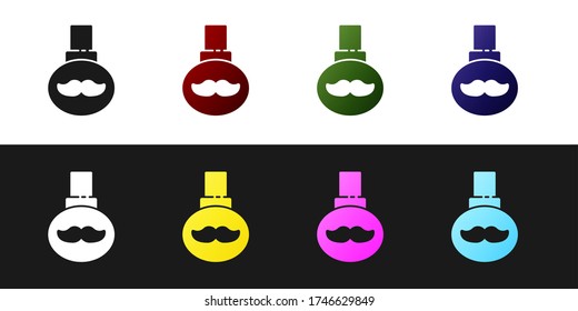 Set Beard and mustaches care oil bottle icon isolated on black and white background. Glass bottle with pipette. Vector Illustration