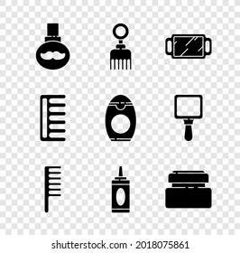 Set Beard and mustaches care oil bottle, Hairbrush, Hand mirror, Bottle of shampoo, Cream lotion cosmetic tube,  and  icon. Vector