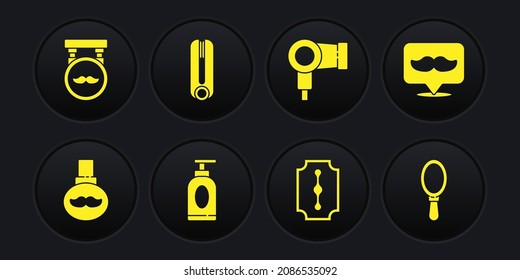 Set Beard and mustaches care oil bottle, Barbershop, Cream or lotion cosmetic tube, Blade razor, Hair dryer, Curling iron for hair, Hand mirror and  icon. Vector