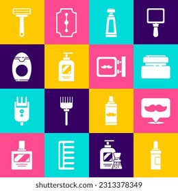 Set Beard and mustaches care oil bottle, Barbershop, Cream or lotion cosmetic tube, Bottle of shampoo, Shaving razor and  icon. Vector