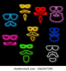 Set of beard neon hipster men