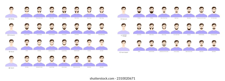 Set of Beard style for every face shape and mustache men illustration Facial hair. Vector black purple portrait male Fashion template flat barber collection. Stylish hairstyle isolated outline