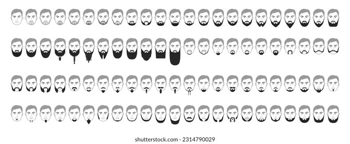 Set of Beard style men face illustration Facial hair. Vector black grey portrait male Fashion template flat barber collection set. Stylish hairstyle isolated outline on white background.