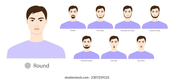 Set of Beard style for Round face shape and mustache men illustration Facial hair. Vector portrait male Fashion template flat barber collection. Stylish hairstyle isolated outline on white background.