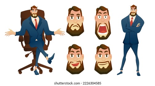 Set of bearded businessman and faces with various  emotional in cartoon character, vector illustration on white background