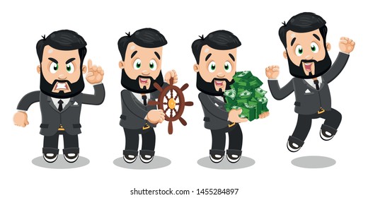 Set of bearded businessman in formal suit in different mood and poses. Successful brunet man is angry, keeping steering wheel like leader, lots of money, jumping for joy. Cartoon vector on white.