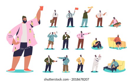 Set of bearded cartoon man in vacation hold plastic cup in different lifestyle situations and poses: chef cook cooking pizza, cake dessert, angry point finger, at home. Flat vector illustration