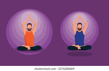 set bearded character man meditating in lotus position on purple background in FaceLess style