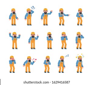 Set of bearded construction worker showing various emotions. Old builder crying, laughing, happy, tired, angry and showing other expressions. Flat design vector illustration