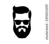 Set bearded hipster man face with glasses, haircuts, mustache, beard. Trendy man avatar, silhouettes, head, emblem, icon, label. Barber shop vector illustration