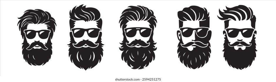 Set bearded hipster men faces with glasses, different haircuts, mustaches, beards. Trendy man avatar, silhouettes, heads, emblems, icons, labels. Barber shop vector illustration