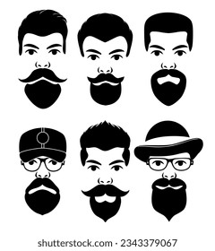 Un conjunto de caras masculinas con barba. Un conjunto de siluetas con hipsters con diferentes cortes de pelo, bigotes y barbas. Siluetas, avatares, cabezas, emblemas, íconos, etiquetas. Ilustración del vector