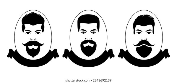 A set of bearded male faces. A set of silhouettes with hipsters with different haircuts, mustaches, beards. Silhouettes, avatars, heads, emblems, icons, labels. Vector illustration