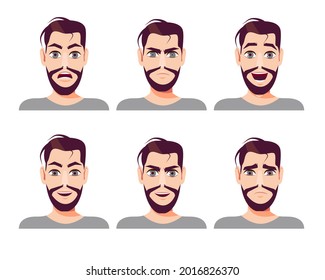 Set of bearded man with different facial expressions. Vector illustration in cartoon style.