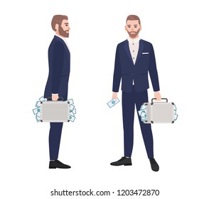 Set of bearded man dressed in smart suit holding briefcase full of money. Wealthy person, rich businessman, millionaire isolated on white background. Side and front views. Cartoon vector illustration.
