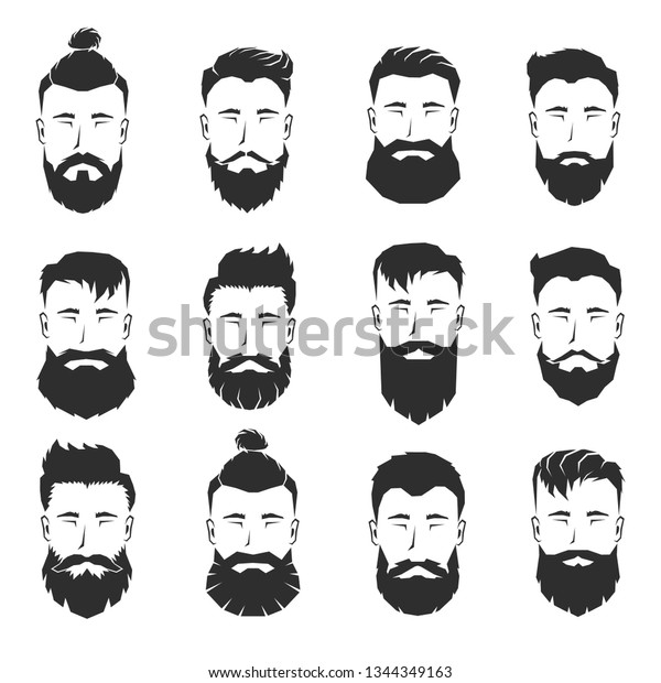 Set Bearded Man Faces Different Haircuts Stock Vector