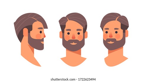 set bearded man head avatar front side view male character different views for animation horizontal portrait vector illustration