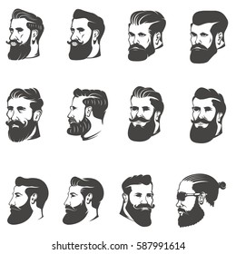 set of the bearded man head isolated on white background. Images for logo, label, emblem. Vector illustration.