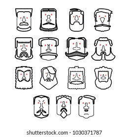 A Set of Bearded Men, With Different Hairstyles and Mustaches. Gentlmen Haircuts and Shaves, Male Characters. Vector, Illustration