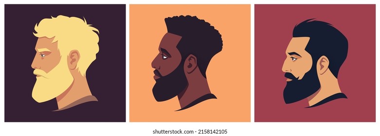 Set of bearded men faces with different haircuts, mustaches, beards in profile. Abstract male portrait, face side view. Head of bearded man. Stock vector illustration in flat style. 