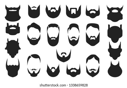 Set of bearded men faces, hipsters with different haircuts, mustaches, beards. Silhouettes, emblems, icons, labels. Vector illustration.