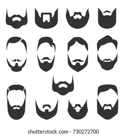 Set of bearded men faces, hipsters with different haircuts, mustaches, beards. Silhouettes, emblems, icons, labels. Vector illustration.