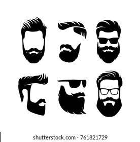 Set bearded men faces hipsters with haircuts. Vector