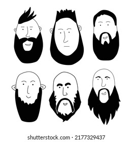 Set of bearded men, hipsters with different haircuts and beards. Silhouettes, emblems, badges, labels. Vector illustration in doodle style.