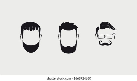 Set of bearded men silhouette faces hipster style with different haircuts. Long beard with facial hair man. Handsome man symbolizes the icons. Vector illustration, EPS 10.