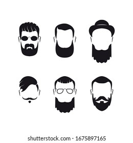 Conjunto de hombres barbudos silueta cara estilo hipster con diferentes cortes de pelo. Barba larga con el hombre de pelo facial. Un hombre guapo simboliza los íconos. Ilustración del vector, EPS 10.