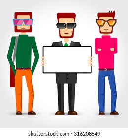 set of bearded young modern men with sunglasses isolated on white background