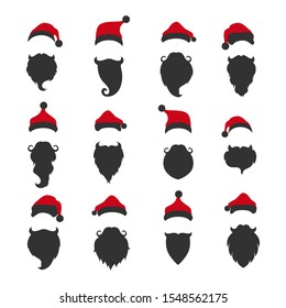 Set of beards and hats for Christmas. Santa Claus. Vector illustration.
