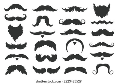 Set of beards and mustaches types. Barber patches big collection. Silhouette black vintage for bearded hipster style icon isolated on white background. Vector illustration