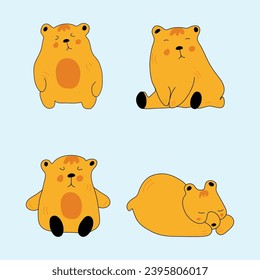 Set of bears with black outline, yellow color, different poses, doodle style, hand drawing. Vector illustration EPS10