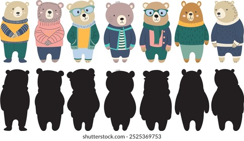 Conjunto de personajes de osos en diferentes prendas de estilo plano sobre fondo blanco, Vector