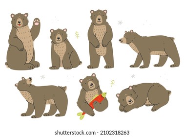 Set of bears characters in cute cartoon style. Vector isolated illustration.