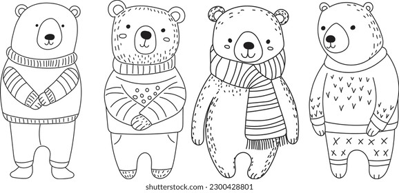 set of bears characters sketch isolated vector