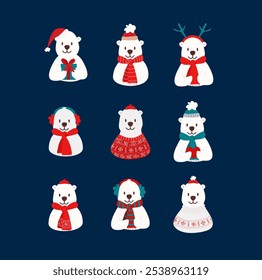 A set of bears in Christmas outfits. Cute adorable polar bear. Christmas card. navy white and red