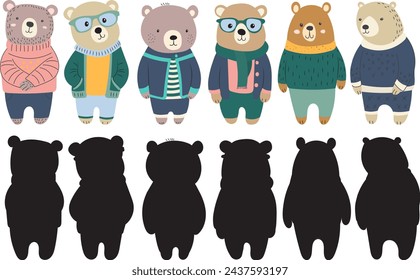 set of bears in clothes in flat style on a white background, vector